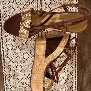Audrey Brooke Brown and Gold Wedge Sandals